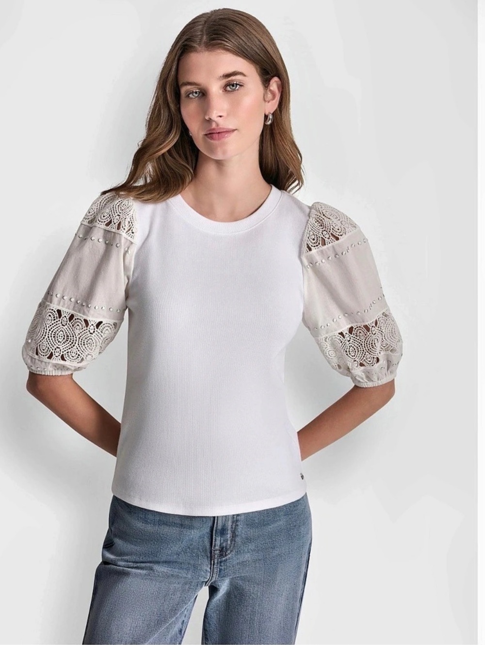 DKNY Petite White Lace Eyelet Puff Sleeve Pull-On Knit Top